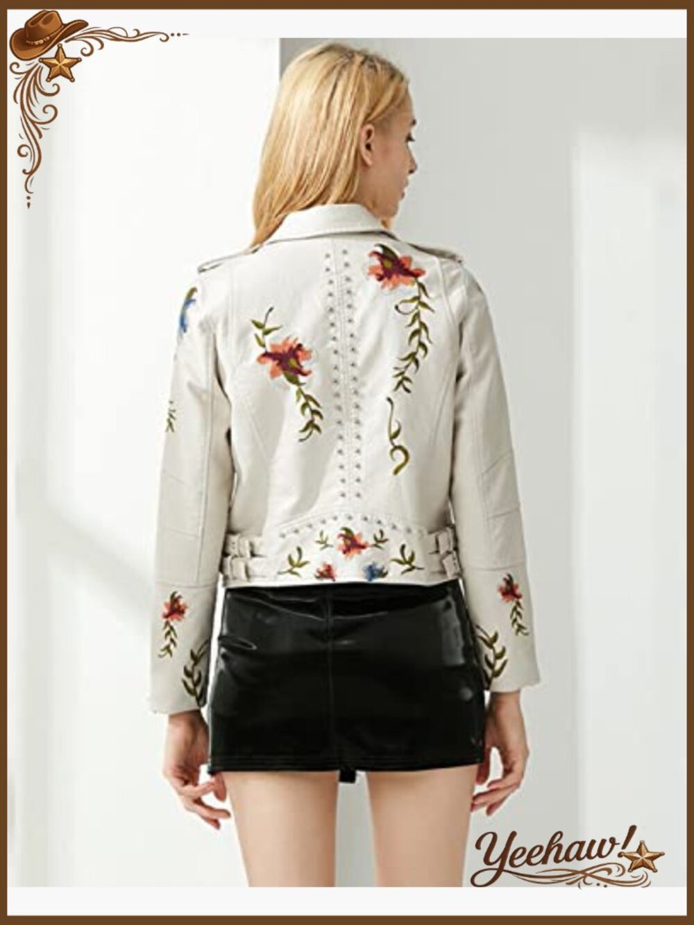 Embellished Faux Leather Moto Jacket Floral Embroidery Cropped - Picture 4 of 6
